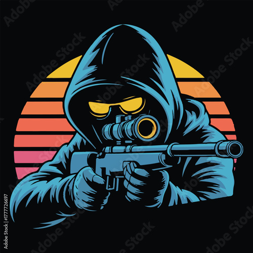Tactical Sniper Illustration – Hooded Figure with Rifle and Retro Sunset Art
