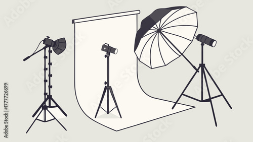 "Realistic 3D render of professional photography set with multiple lighting sources, seamless white backdrop, and reflector umbrella. Modern studio setup for product, fashion, and portrait photography