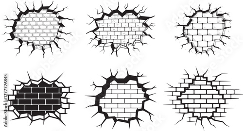 Cracked Brick Wall Hole Set Black and White Illustration