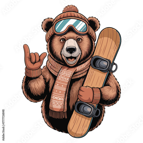 Snowboarding Bear Illustration – Winter Cartoon with Santa Hat and Shaka Gesture