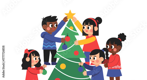 Joyful Group Of Children Decorating Festive Christmas Tree For The Holiday Season