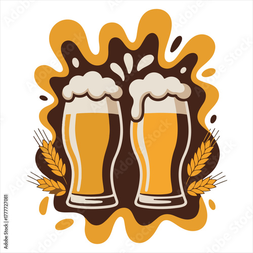 Beer Glasses Illustration – Frothy Brew with Wheat and Splash Art
