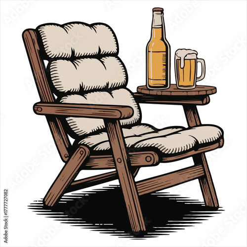 Relaxing Lounge Chair Illustration – Beer Mug and Side Table Outdoor Art