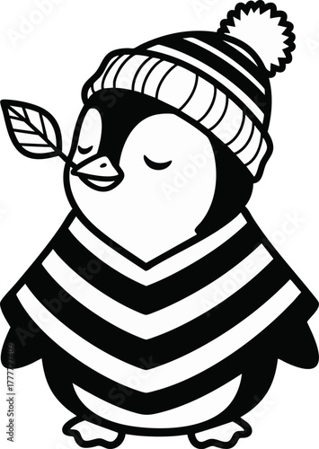 Cute penguin character illustration in black and white. Vector cartoon of an animal wearing a winter hat and striped poncho holding a leaf