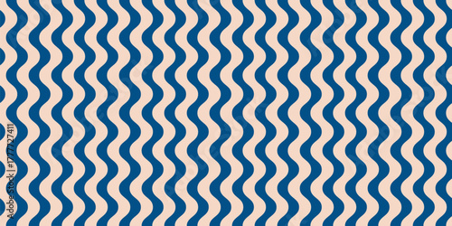 Simple vector seamless pattern with vertical wavy lines, bold stripes, liquid shapes. Navy blue and beige abstract ripple texture. Regular waves background. Repeated design for decor, print, fabric