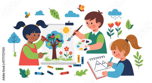 Joyful Kids Envisioning Nature, Painting Delight, and Sketching Landscapes Artistically