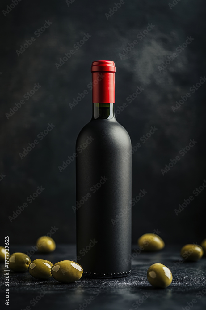 Obraz premium Elegant red wine bottle with olives on a dark background. A bottle of red wine is displayed with olives and olive branches on a dark surface, creating a sophisticated scene.