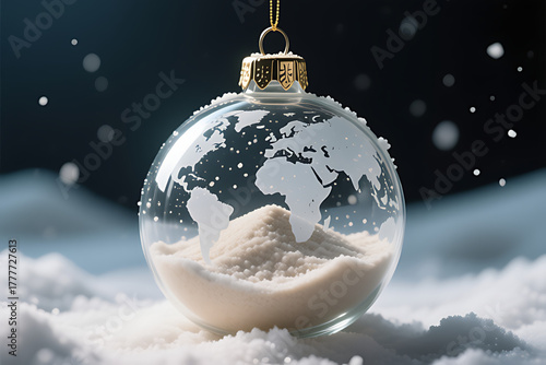 Global Christmas Ornament: World Map in a Snowy Glass Bauble, Symbolizing Holiday Spirit Around the World

