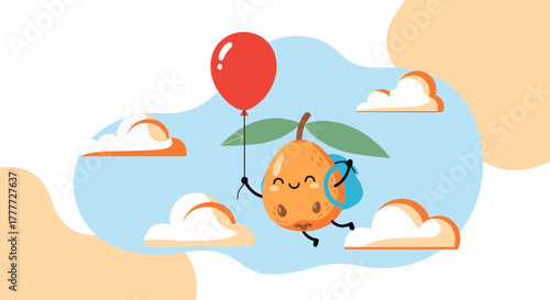 Joyful Loquat Character Soaring In The Sky With A Festive Red Balloon Illustration