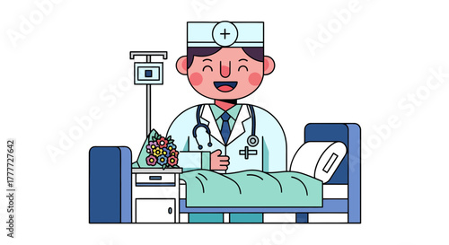 Joyful Medical Professional in a Hospital Room with Flowers and a Patient's Bed