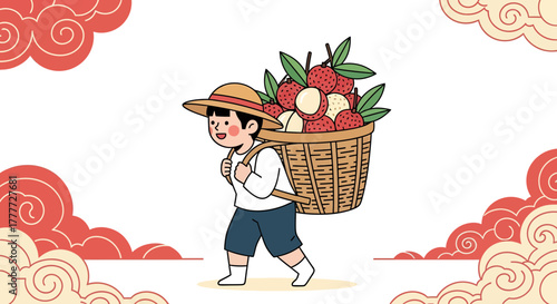Joyful Lychee Bearer Walking With Basket Of Delicious Fruits, White Background