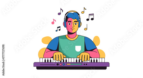 Joyful Musician Composing Vibrant Melodies on a Synthesizer with Black Background