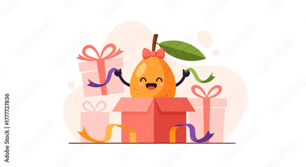 Fototapeta premium Joyful Orange Fruit Mascot Celebrating With Presents and Ribbons on Delivery Day