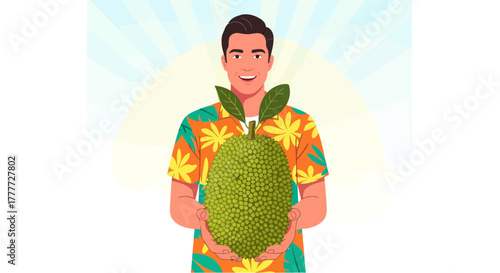 Joyful Man Presents Exotic Fruit Showing The Freshness And Abundance Of Harvest