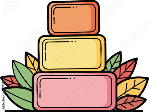 Doodle art illustration of stacked soap bars or cosmetic product containers decorated with colorful autumn leaves, perfect for organic beauty themes