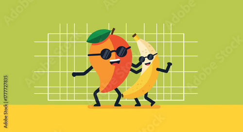 Joyful Mango And Banana Friends Dancing Together In A Groovy Summer Style