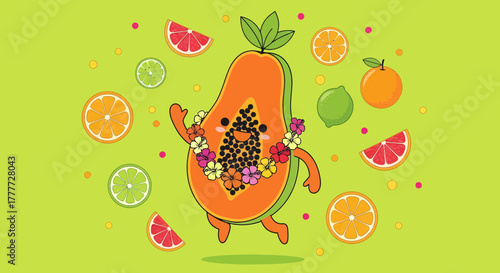 Joyful Papaya Character Surrounded by Citrus Fruits in Vibrant, Playful Design