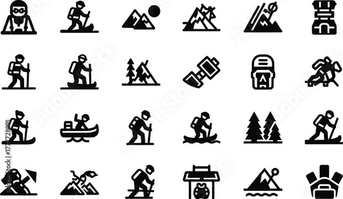 Collection of outdoor adventure and hiking icons representing various activities and equipment isolated on transparent background