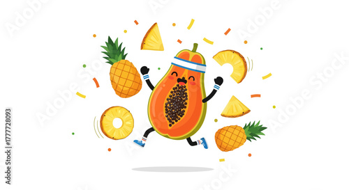 Joyful Papaya Runs Energetically With Pineapple Pieces, Expressing Lively Cheerfulness