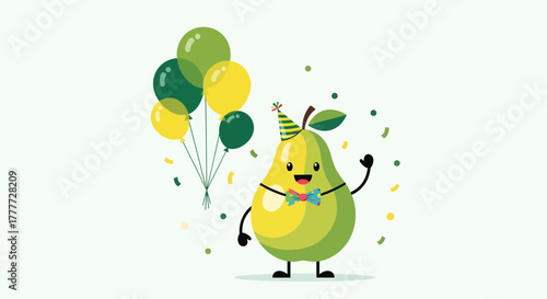 Joyful Pear Cartoon Character Celebrating With Balloons and Confetti On White Background