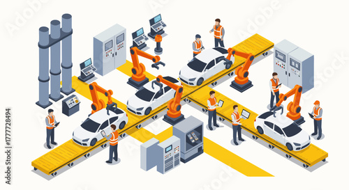 Dynamic Automated Car Manufacturing Assembly Line Illustration with Robotic Arms and Human Operators Ensuring Efficient Production in a Modern Industrial Setting