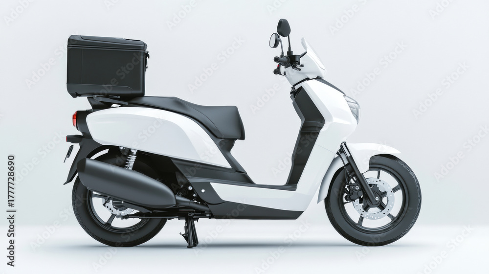 Obraz premium Modern white electric scooter with cargo box on a white background. clean, contemporary scooter is perfect for urban deliveries and eco-friendly transportation.