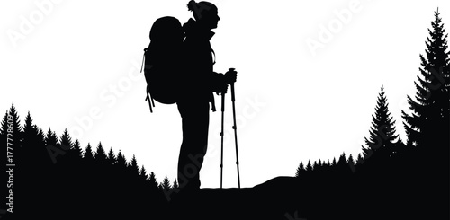 Silhouette of a hiker with a backpack and trekking poles standing against a large sun on a transparent background isolated on transparent background