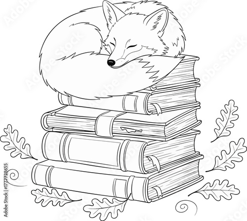 Illustration of a cute fox sleeping on a stack of books, with oak leaves surrounding it. Ideal for back-to-school, autumn, and education concepts