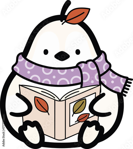Illustration of a cute penguin wearing a scarf and reading a book with autumn leaves. Charming mascot, vector illustration, bookworm concept