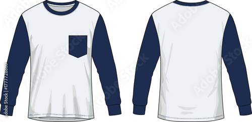 Long sleeve shirt, white and navy, front and back view, fashion sketch, casual wear, garment design, apparel template, clothing mockup