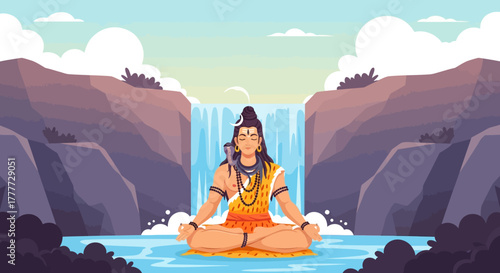 Divine Serenity: Meditative Figure in a Tranquil Waterfall Setting Vector