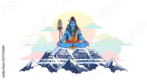 Divine figure meditating in the mountains, surrounded by tranquil clouds