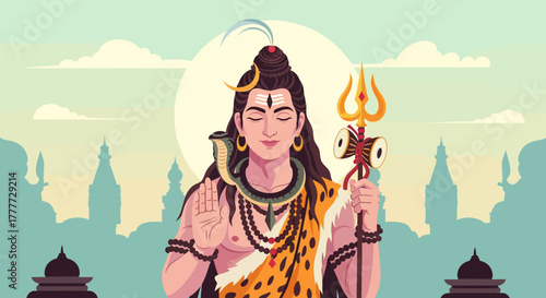 Divine figure with trident and snake, a serene illustrative depiction of