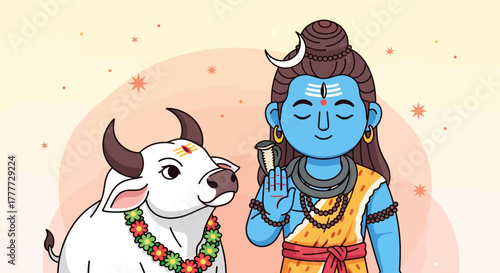 Charming cartoon of Lord Shiva and Nandi the bull in serene devotion