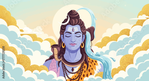Divine Serenity: Lord Shiva Meditating with Sacred Ganga amidst Clouds