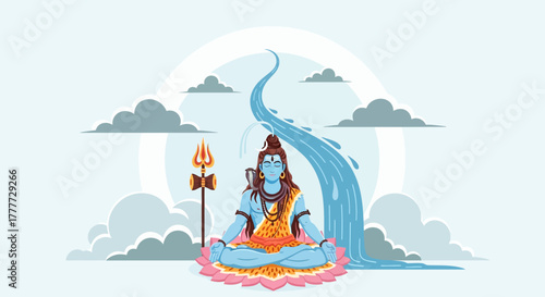 Lord Shiva in Meditation with Sacred Ganges Waterfall and Trident Icon