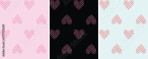 Diamond Mesh Heart Seamless Pattern Bundle  Pink, Black, and Blue Valentine's Day Fabric