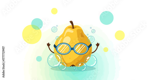 Joyful Pear Cartoon Character Embracing Bubbles and Cooling off During Summer