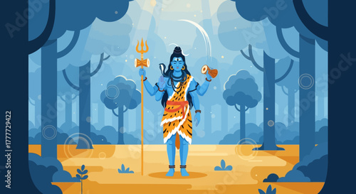 Divine shiva illustration in a mystical blue forest, spiritual journey