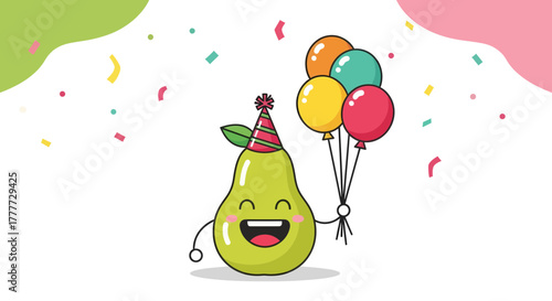 Joyful Pear Cartoon Character Holding Balloons at a Festive Celebration for Adobe Stock