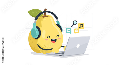 Joyful Pear Cartoon Character Listening Music And Using Laptop Vector Concept