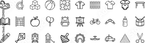 Children's Toys and Play Items Line Icon Pack. Rocking Horse, Building Blocks, Puzzle, Balloon, Bike, and More, Vector Illustration