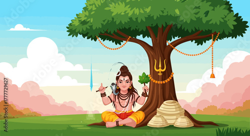 A serene depiction of a divine figure meditating under a large shade tree in