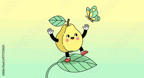 Joyful Pear Character Interacting With A Friendly Butterfly On Greeny Leaf