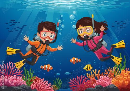Underwater adventure with two kids scuba diving amongst coral reefs and clownfish