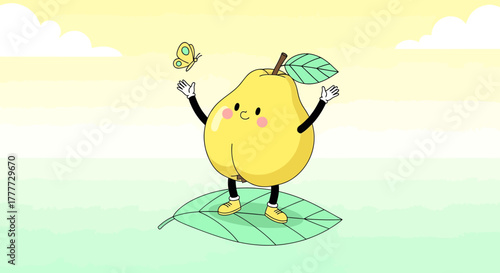 Joyful Pear Character Waves to Butterfly in a Whimsical Botanical Background Scene