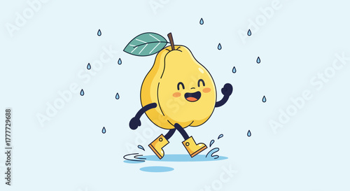 Joyful Pear Dancing In The Rain With Yellow Boots And Showing Happiness Under Blue Sky