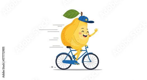 Joyful Pear Rides Bicycle Through Delightful Day, Smiling and Waving Hello to All