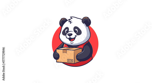 Delivery Panda: A cheerful panda joyfully carries a package, ready for delivery. The panda's happy expression, box, and red circle.