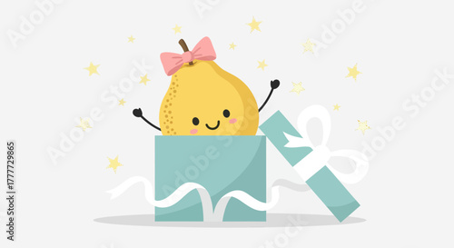 Joyful Pear Unveiling From a Festive Box: Delightful Animated Illustration